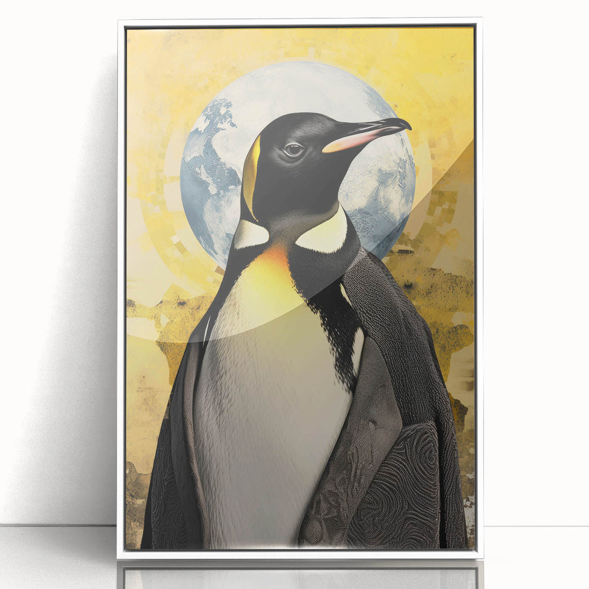 Framed wall art featuring a vibrant penguin design on a white background, showcasing intricate details and colors, perfect for adding a playful touch to any room decor.