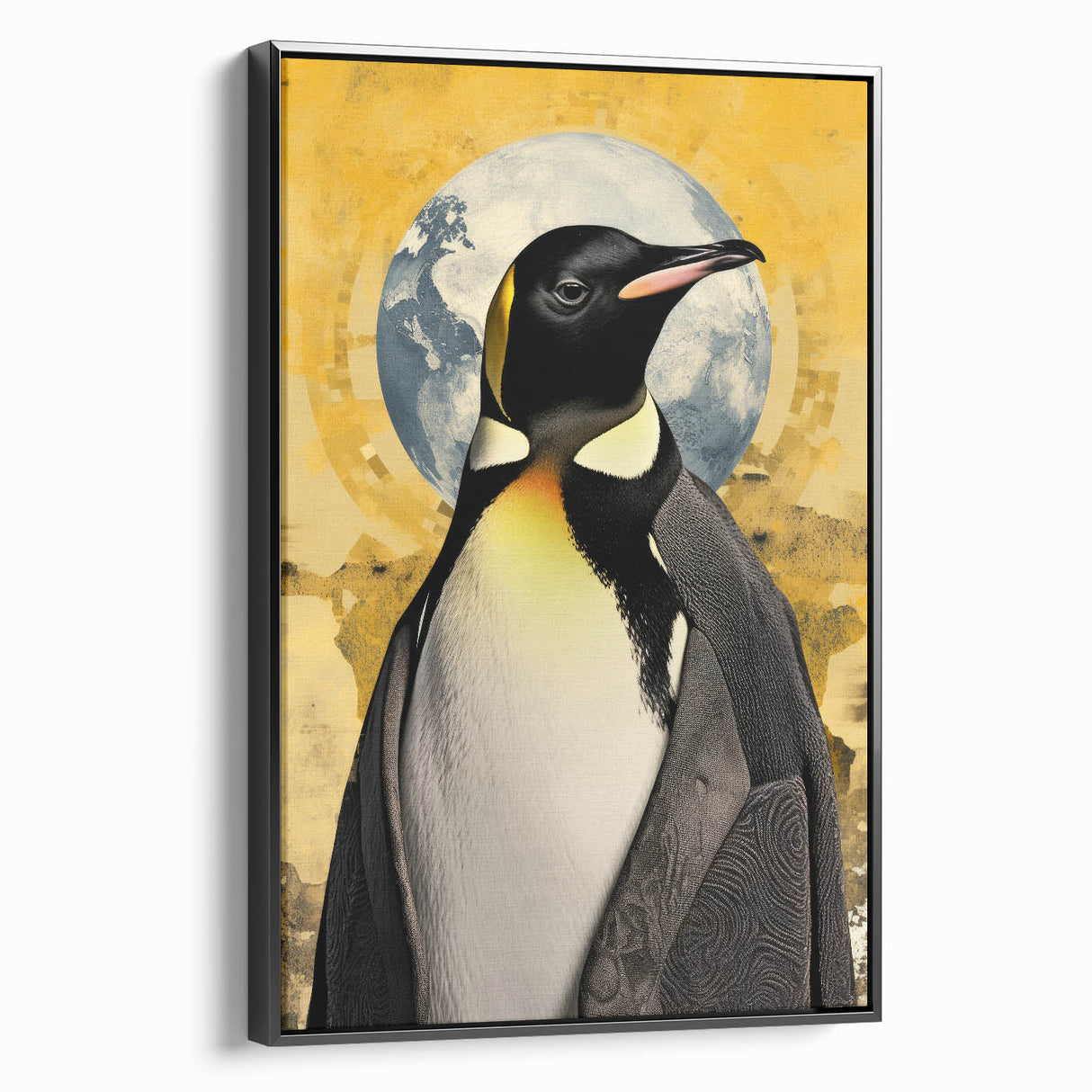 Framed wall art featuring a minimalist black side view of a penguin design, showcasing vibrant colors and modern aesthetics, perfect for animal lovers and home decor enthusiasts.