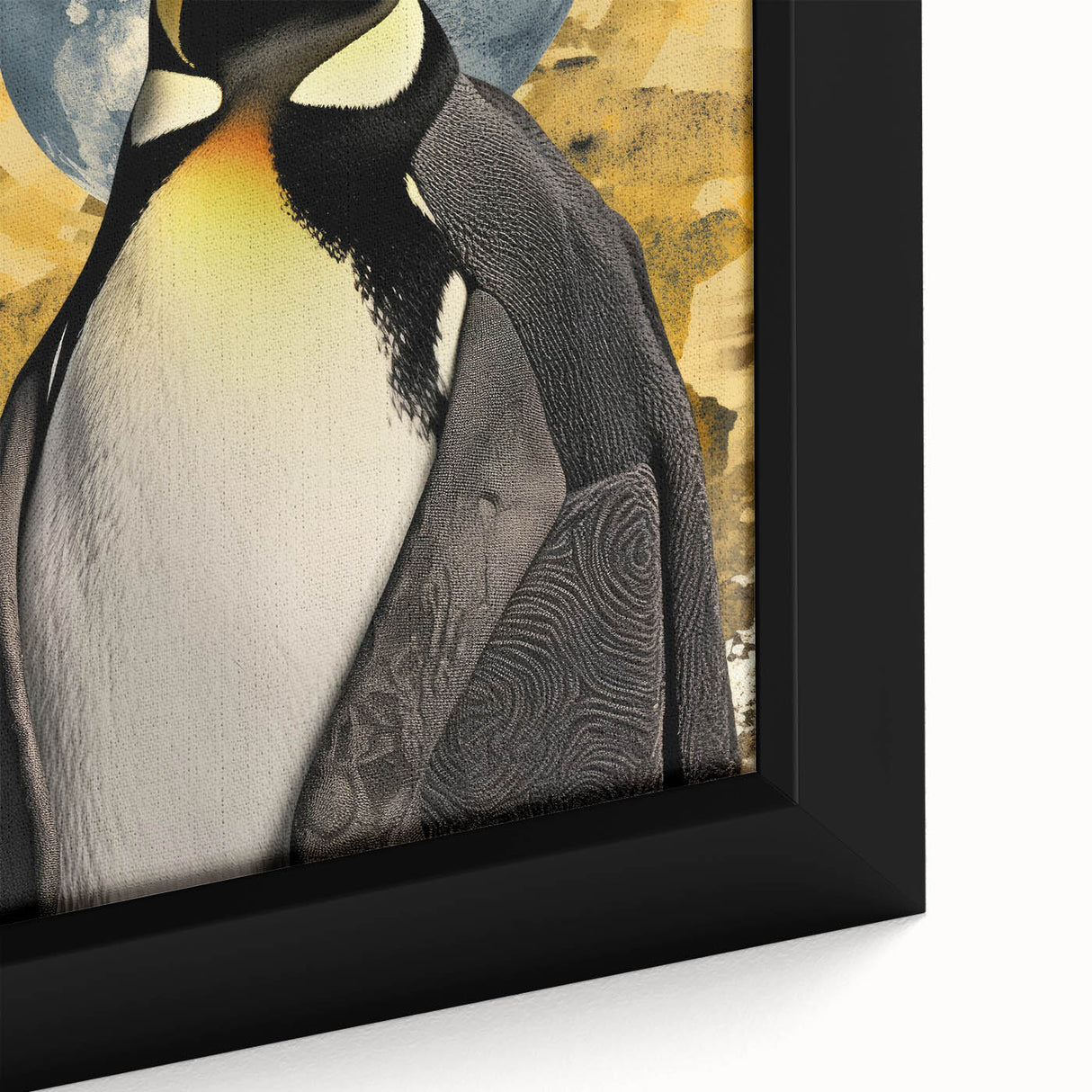 Close-up of a framed canvas wall art featuring a vibrant penguin design, showcasing intricate details and vivid colors, perfect for animal lovers and modern decor.