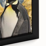 Close-up of a framed canvas wall art featuring a vibrant penguin design, showcasing intricate details and vivid colors, perfect for animal lovers and modern decor.