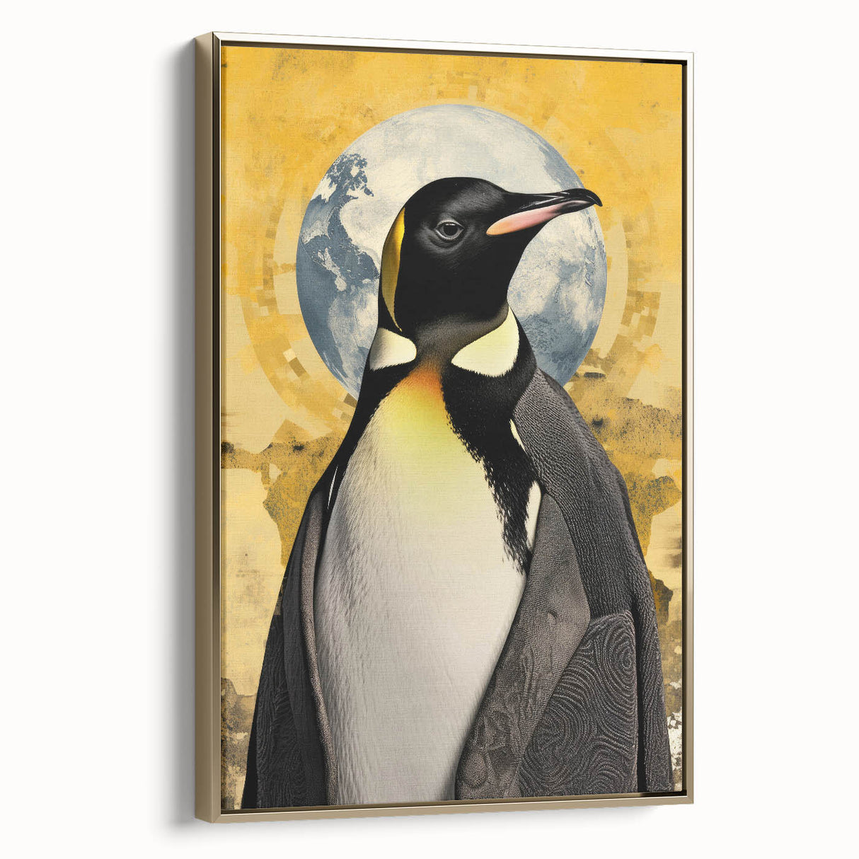 Framed canvas wall art featuring a stylish penguin design, set against a gold background. Ideal for adding a touch of modern wildlife decor to any space.