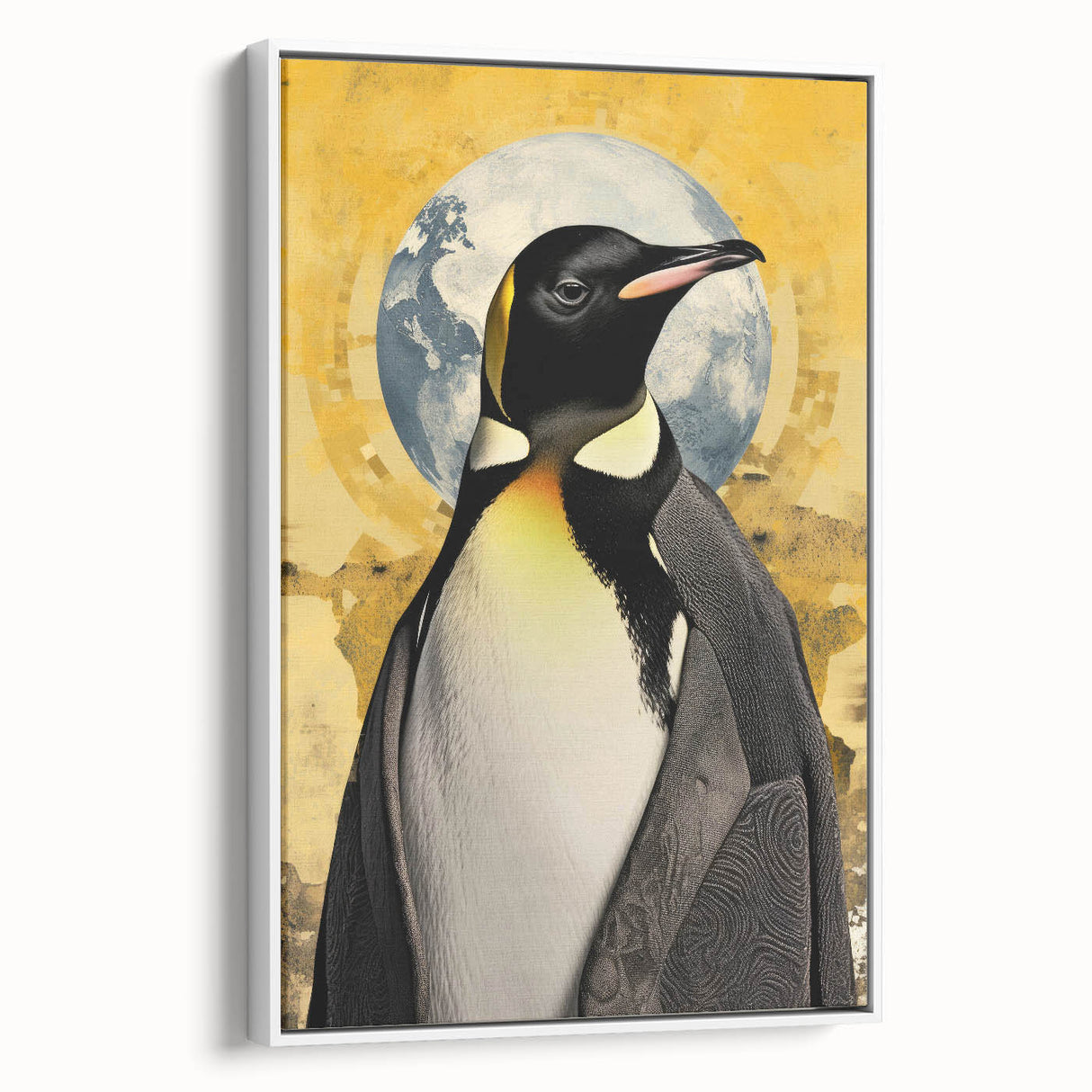 Framed wall art featuring a stylish penguin design on a white canvas, showcasing vibrant colors and intricate details, perfect for animal lovers and modern decor.
