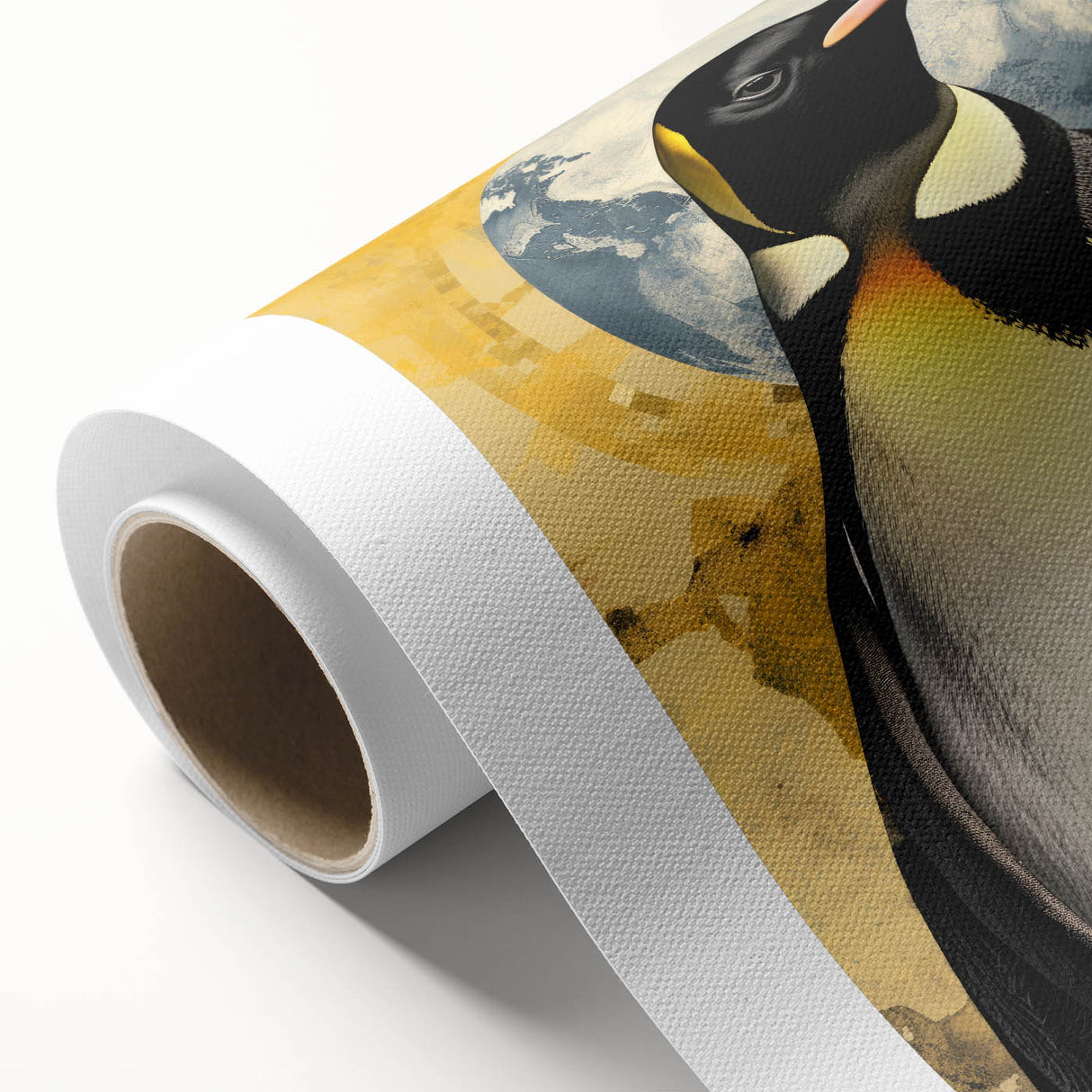 Penguin-themed wall art design on rolled canvas, showcasing vibrant colors and intricate details, ideal for animal lovers and home decor enthusiasts.
