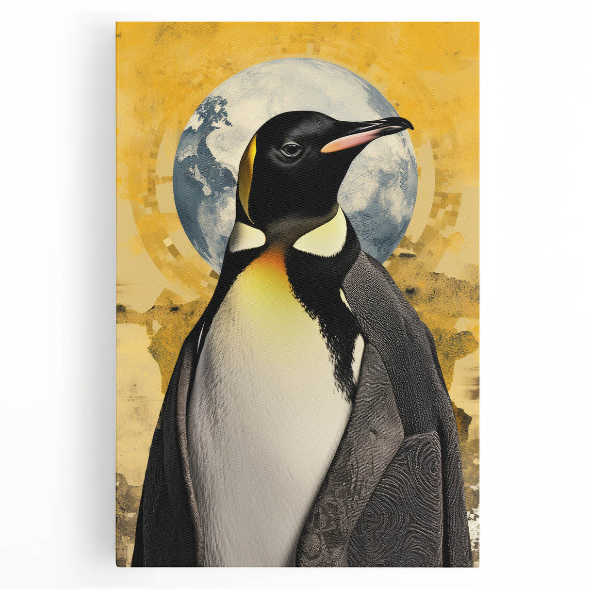 Stretched canvas wall art showcasing a whimsical penguin design in a vibrant color palette, perfect for adding playful charm to any room's decor.