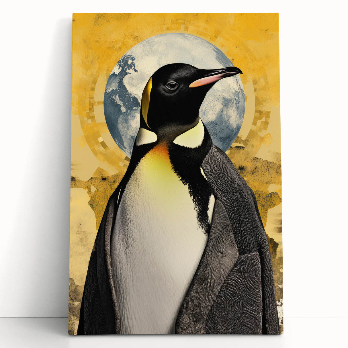Stretched canvas featuring a vibrant penguin design from the "Animals A Wild Life" wall art collection, showcasing colorful details against a white background, perfect for animal lovers' home decor.