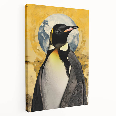 Stretched canvas wall art featuring a whimsical penguin design in a colorful, playful style, perfect for children's rooms or animal-themed decor, showcasing vibrant hues and intricate details.