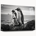 Close-up of a side view of a framed acrylic wall art piece featuring a playful penguin design, showcasing vibrant colors and intricate details, perfect for animal lovers.