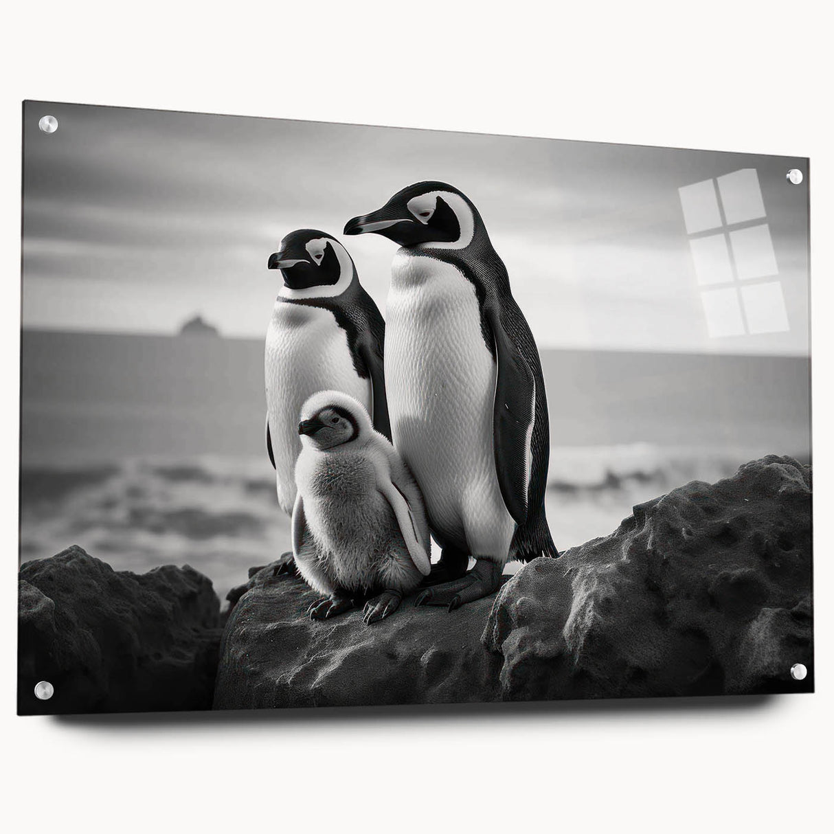 Close-up of a side view of a framed acrylic wall art piece featuring a playful penguin design, showcasing vibrant colors and intricate details, perfect for animal lovers.