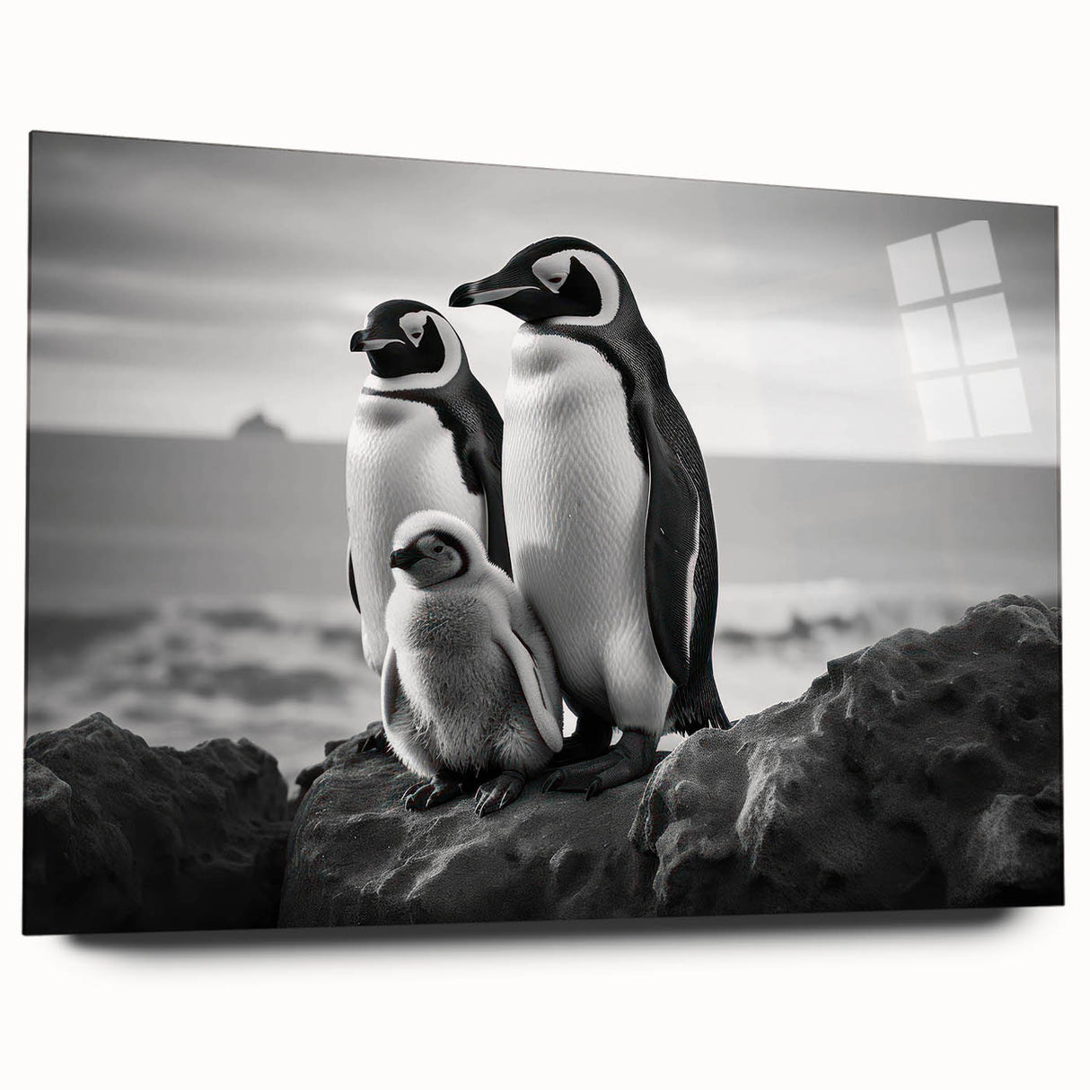 Side view of a penguin-themed wall art piece, showcasing vibrant colors and a sleek acrylic glass finish, ideal for home decor and animal lovers.