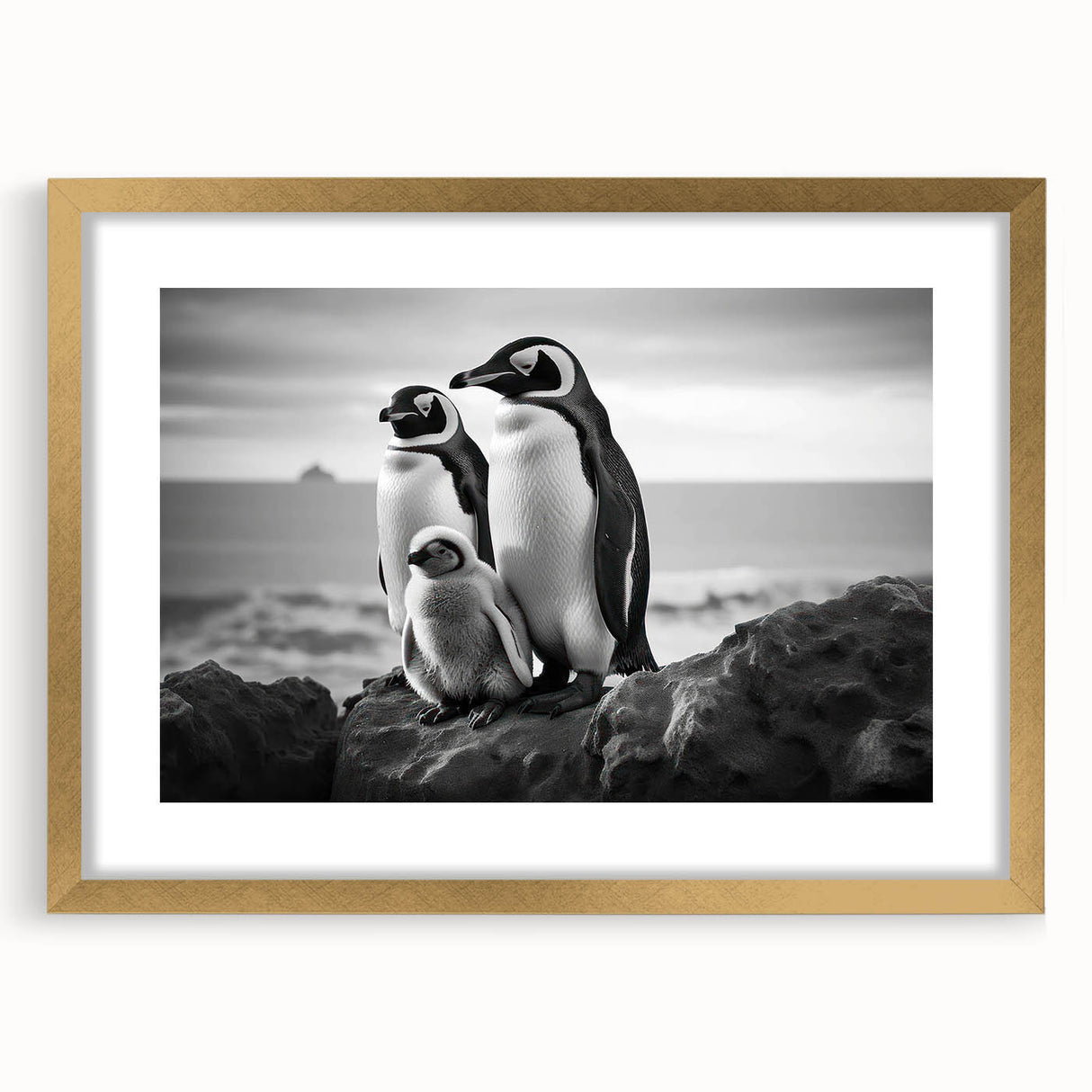Elegant penguin-themed wall art framed in gold, showcasing a unique wildlife design that adds a touch of sophistication to any decor. Perfect for animal lovers.