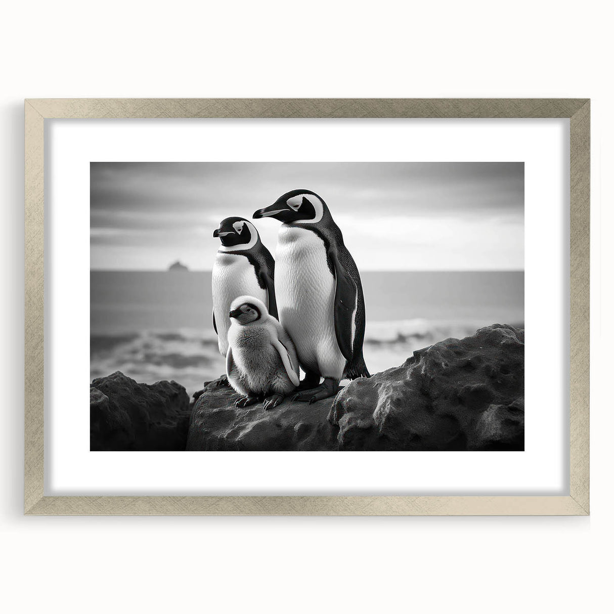 Framed wall art displaying a stylish penguin design from the Animal A Wild Life collection, featuring a sleek silver frame and mat, ideal for modern decor.