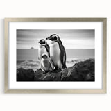 Framed wall art displaying a stylish penguin design from the Animal A Wild Life collection, featuring a sleek silver frame and mat, ideal for modern decor.