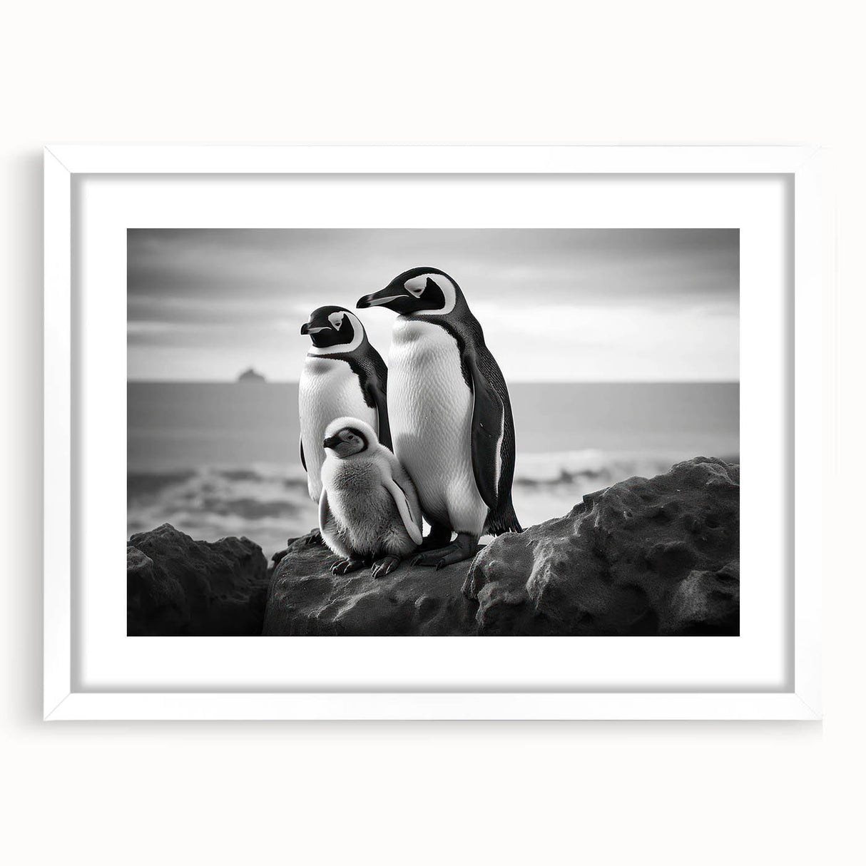Framed wall art featuring a playful penguin design from the "Animals of the Wild" collection, presented in a white mat. Ideal for animal lovers and children's decor.