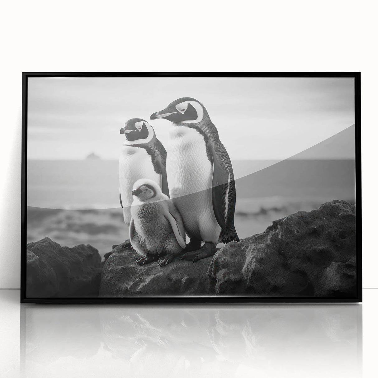 Framed wall art featuring a stylish black acrylic penguin design from the "Animals: A Wild Life" collection, showcasing modern aesthetics and vibrant colors against a minimalist backdrop. Ideal for animal lovers and contemporary decor enthusiasts.
