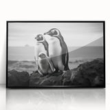 Framed wall art featuring a stylish black acrylic penguin design from the "Animals: A Wild Life" collection, showcasing modern aesthetics and vibrant colors against a minimalist backdrop. Ideal for animal lovers and contemporary decor enthusiasts.