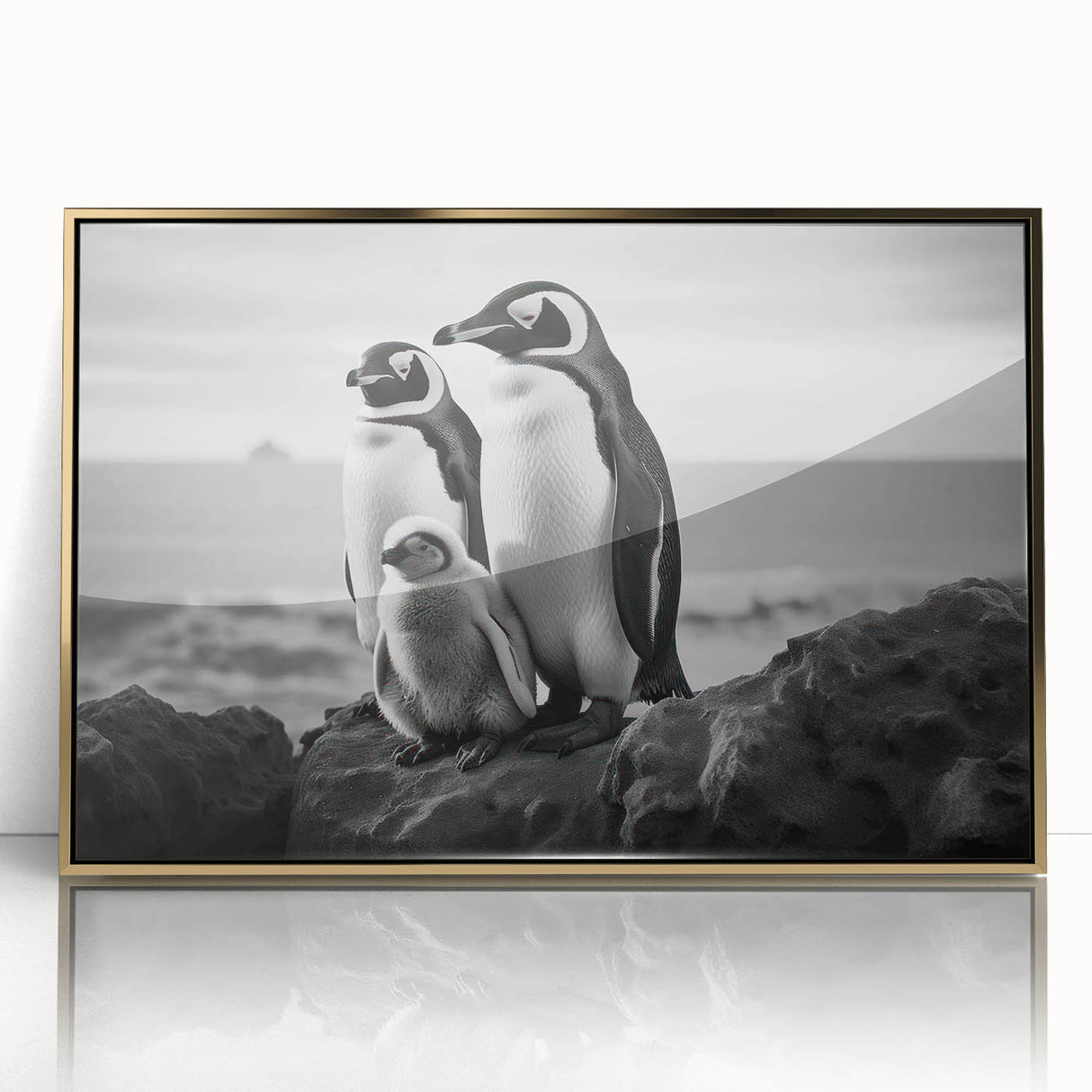 Framed acrylic wall art featuring a whimsical penguin design with gold accents, perfect for children's rooms or playful decor, set against a clear backdrop.