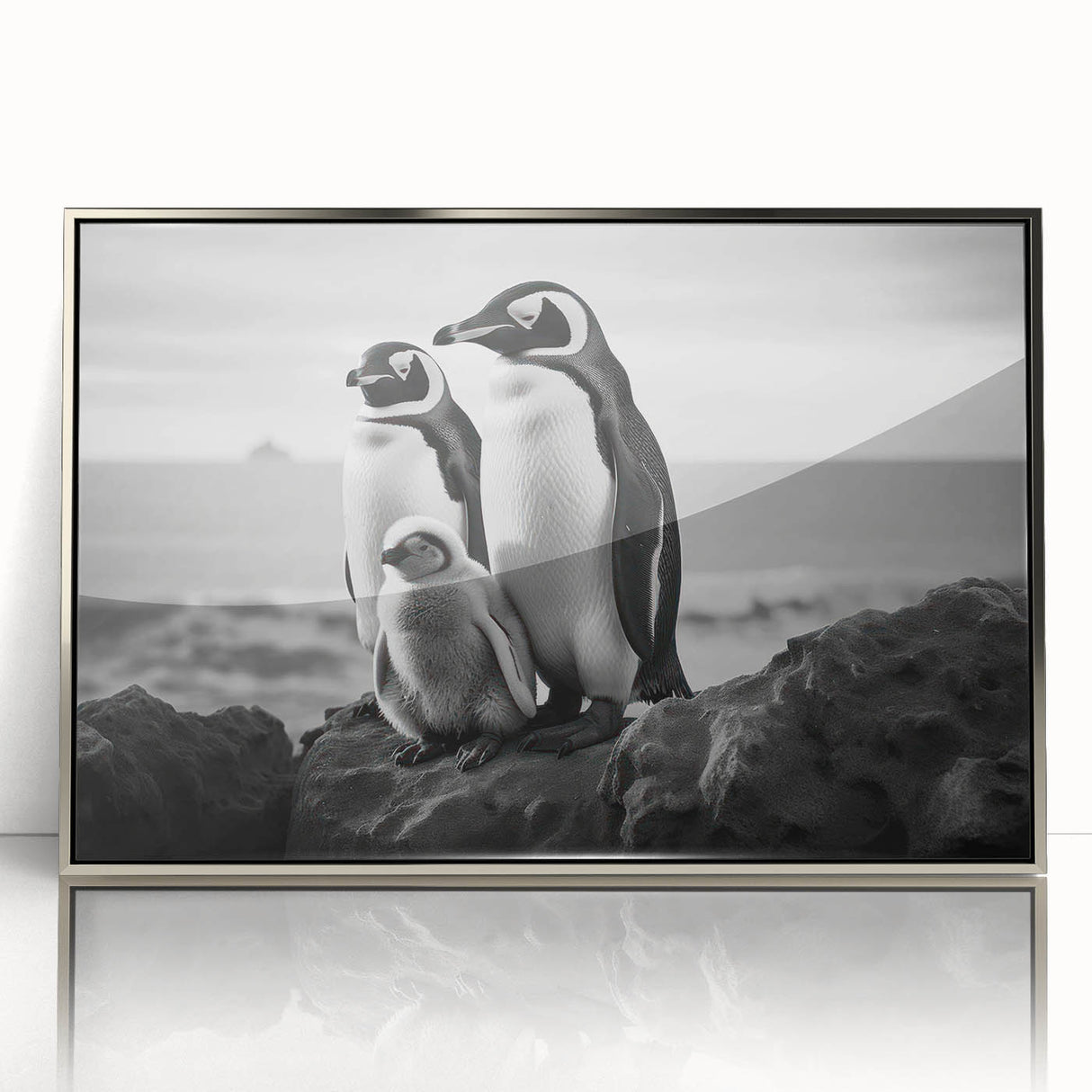 Framed wall art featuring a penguin design from the "Animals of the Wild" collection, showcasing vibrant colors and a sleek silver frame, ideal for enhancing modern decor.