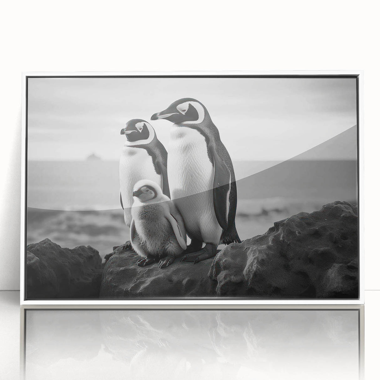Framed wall art featuring a minimalist penguin design in a white acrylic frame, showcasing a playful and modern aesthetic, perfect for animal lovers and home decor.