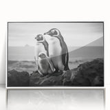 Framed wall art featuring a minimalist penguin design in a white acrylic frame, showcasing a playful and modern aesthetic, perfect for animal lovers and home decor.