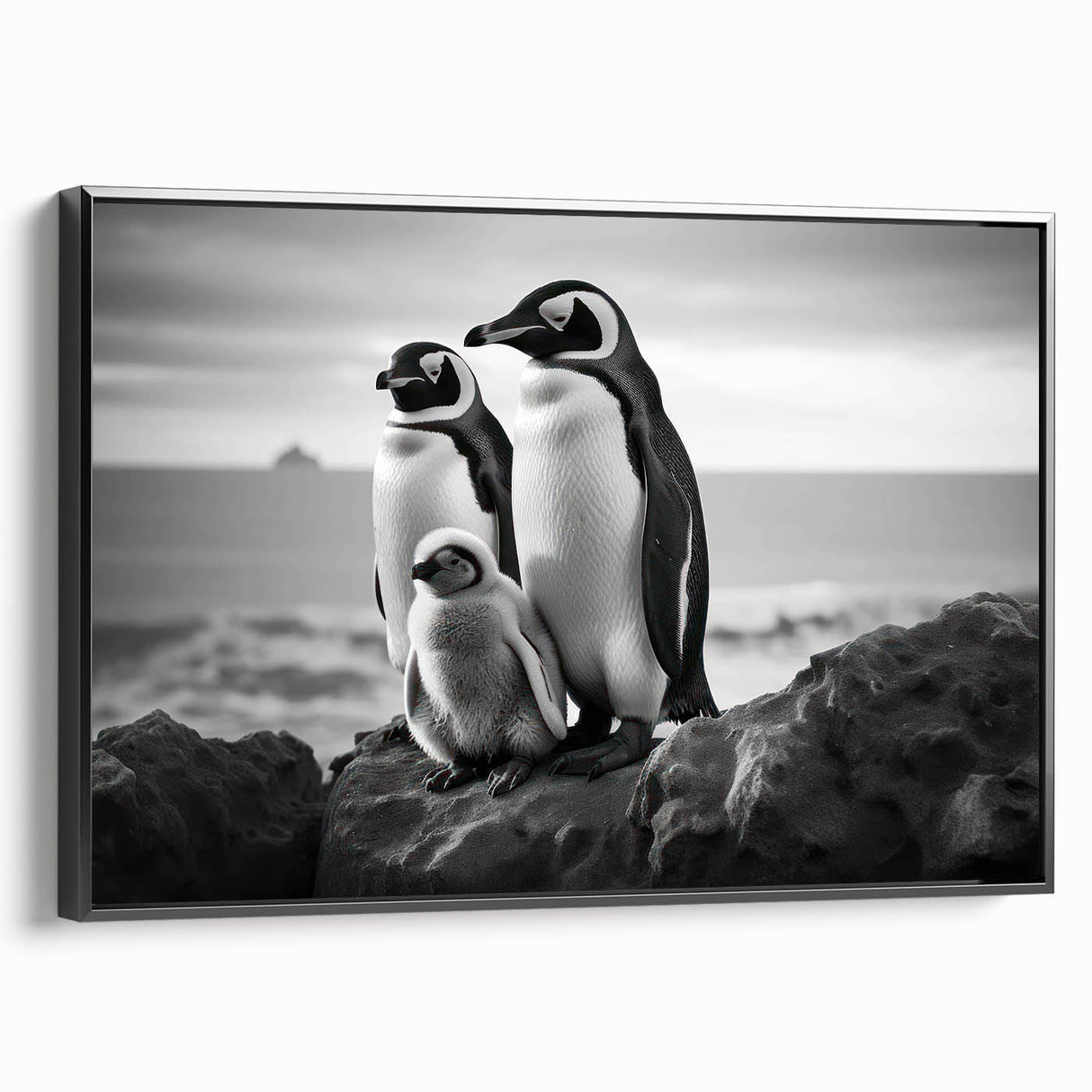 Framed canvas wall art showcasing a stylized black penguin design in a minimalist setting, ideal for modern home decor, bringing a touch of wildlife elegance.
