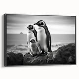 Framed canvas wall art showcasing a stylized black penguin design in a minimalist setting, ideal for modern home decor, bringing a touch of wildlife elegance.