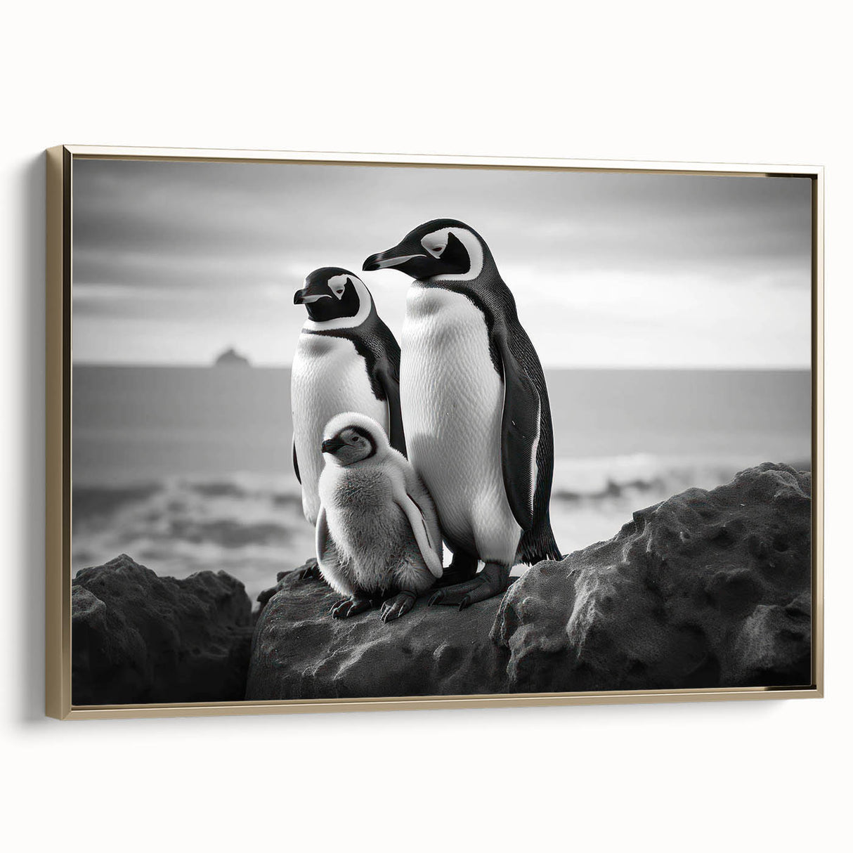 Framed canvas wall art showcasing a stylish penguin design with gold accents, ideal for modern decor. The piece is set against a white background, enhancing its vibrant colors.
