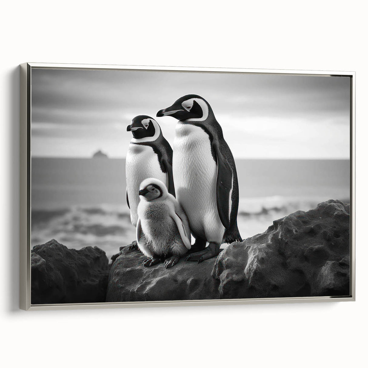 Framed wall art featuring a stylish silver penguin design in a modern aesthetic, showcasing intricate details and a side view, perfect for contemporary decor.