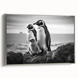 Framed wall art featuring a stylish silver penguin design in a modern aesthetic, showcasing intricate details and a side view, perfect for contemporary decor.