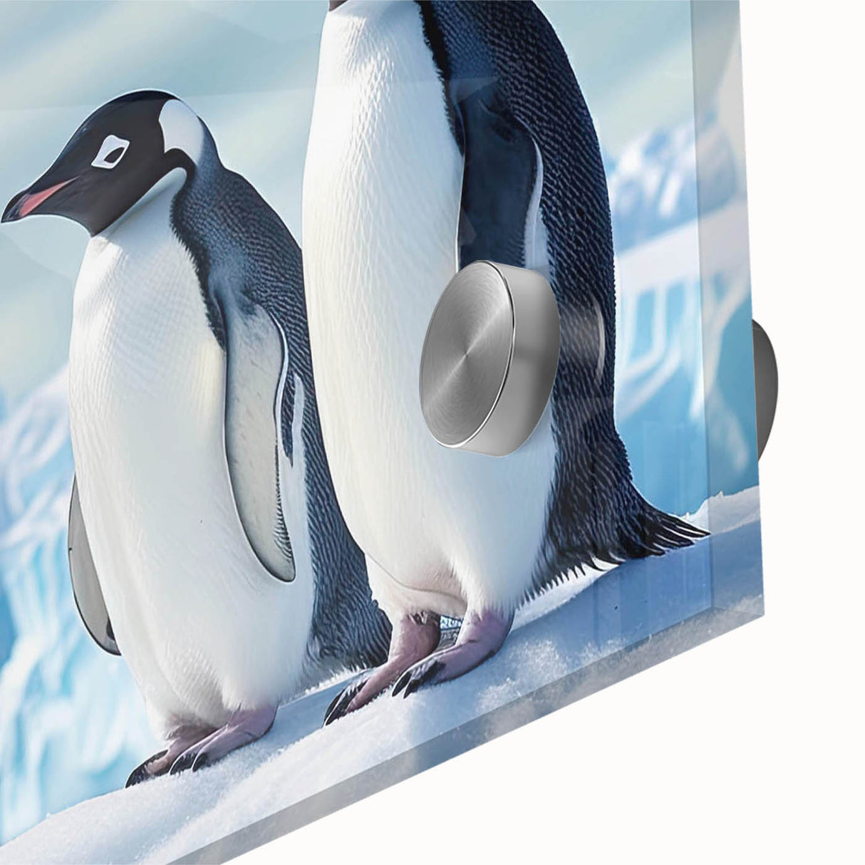Close-up view of a vibrant acrylic glass wall art piece featuring a penguin design from the 'Animals - A Wild Life' collection, showcasing rich colors and intricate details, ideal for wildlife enthusiasts and modern decor.