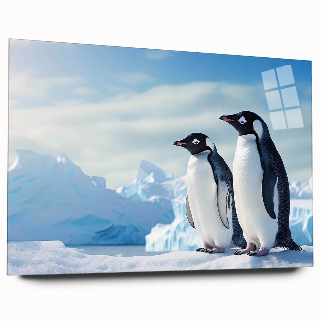 Acrylic wall art featuring a colorful penguin design from the Animals a Wild Life collection, displayed in a side view to highlight its vibrant colors and unique details. Perfect for animal lovers and home decor enthusiasts.