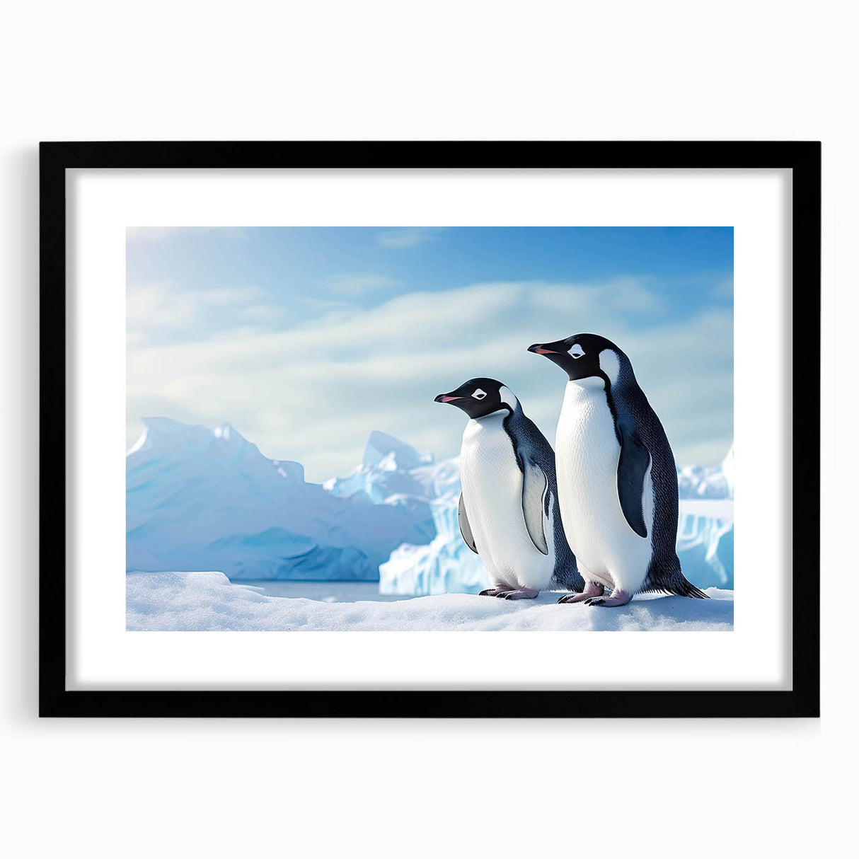 Framed black wall art featuring a penguin design from the Animals A Wild Life collection, showcasing vibrant colors and a modern aesthetic suitable for home decor.