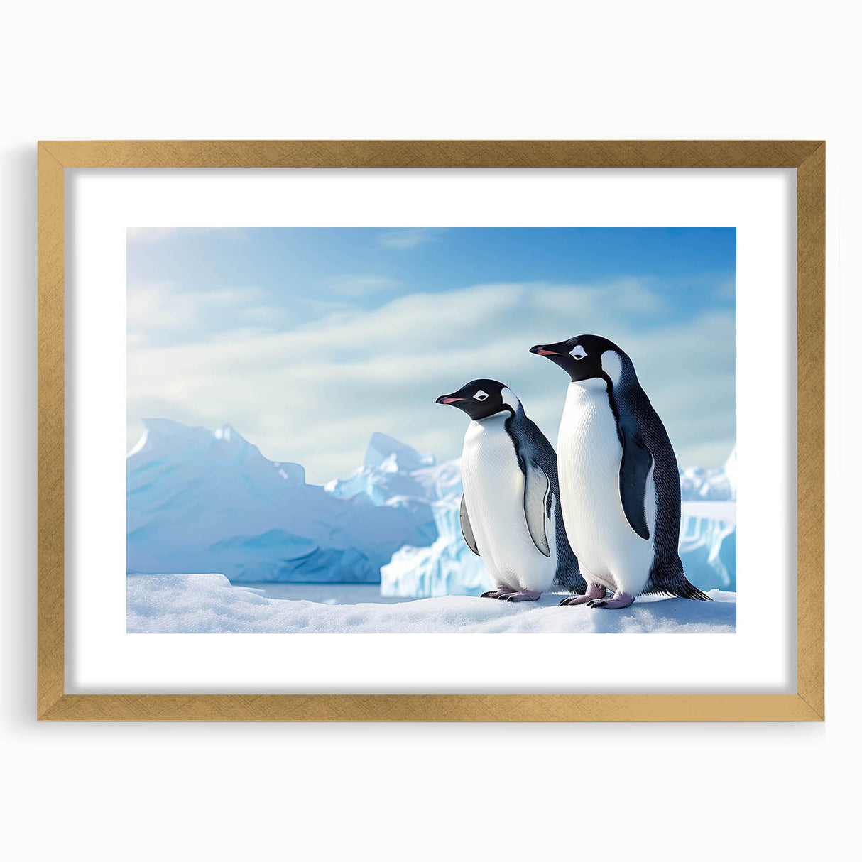 Elegant wall art featuring a penguin design in a gold frame with a mat, showcasing a playful wildlife theme. Ideal for animal lovers' decor.