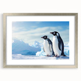 Framed wall art featuring a playful penguin design from the 'Animals of the Wild' collection, showcased in a silver frame with a mat, perfect for enhancing home decor.