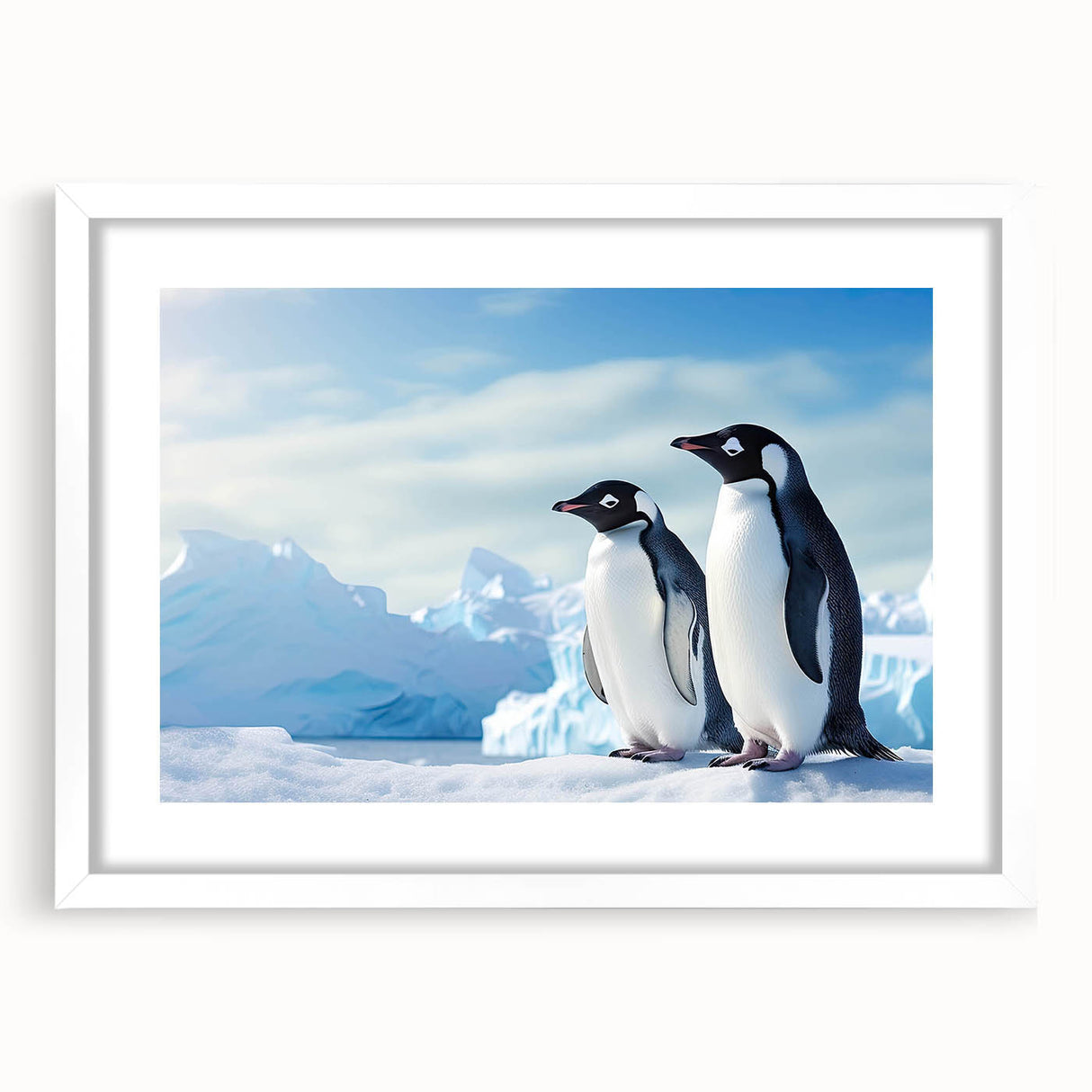 Framed wall art featuring a penguin design from the 'Animals a Wild Life' collection, displayed with a white mat, showcasing vibrant colors ideal for wildlife enthusiasts.