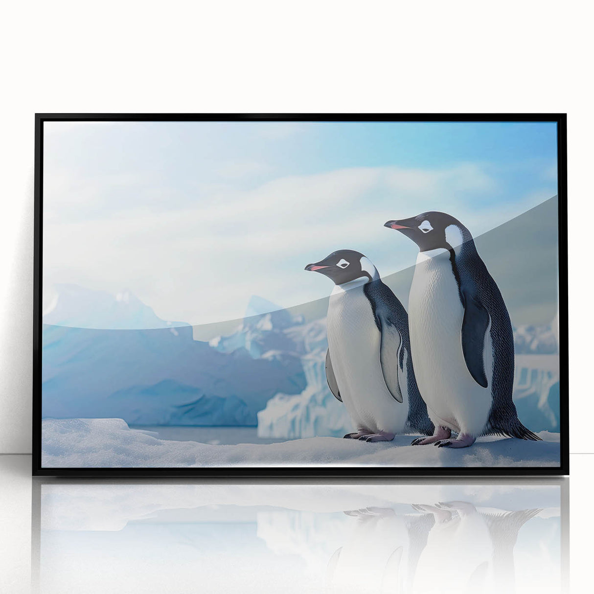 Framed wall art featuring a vibrant penguin design, showcasing the animal's playful nature against a black background, perfect for wildlife enthusiasts and home decor.