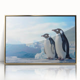 Framed wall art featuring a vibrant penguin design set against a gold-accented background, ideal for enhancing modern home decor with a touch of wildlife elegance.