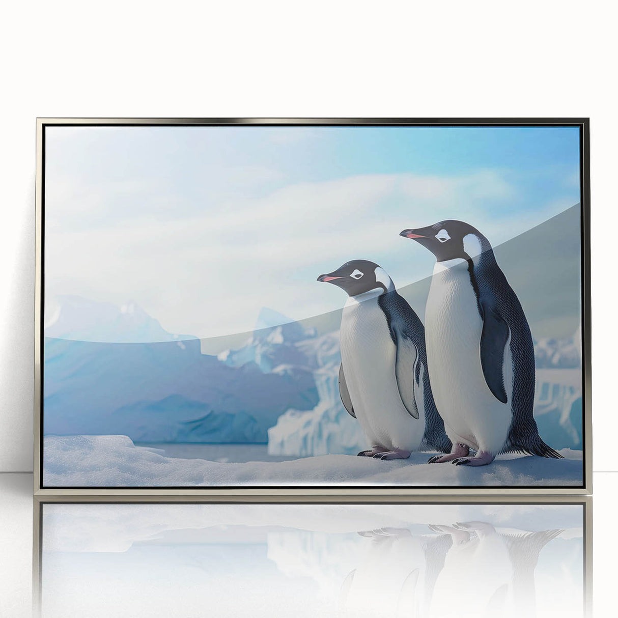 Framed wall art featuring a striking penguin design in silver acrylic, showcasing vibrant colors and intricate details that enhance any contemporary decor.