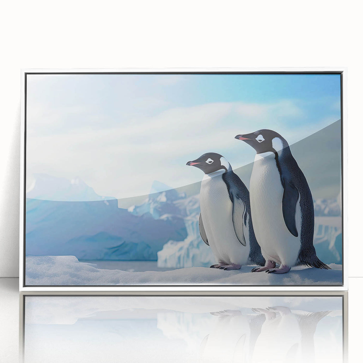 Framed acrylic wall art featuring a whimsical penguin design in a white frame, showcasing vibrant colors and playful details, perfect for animal-themed decor.
