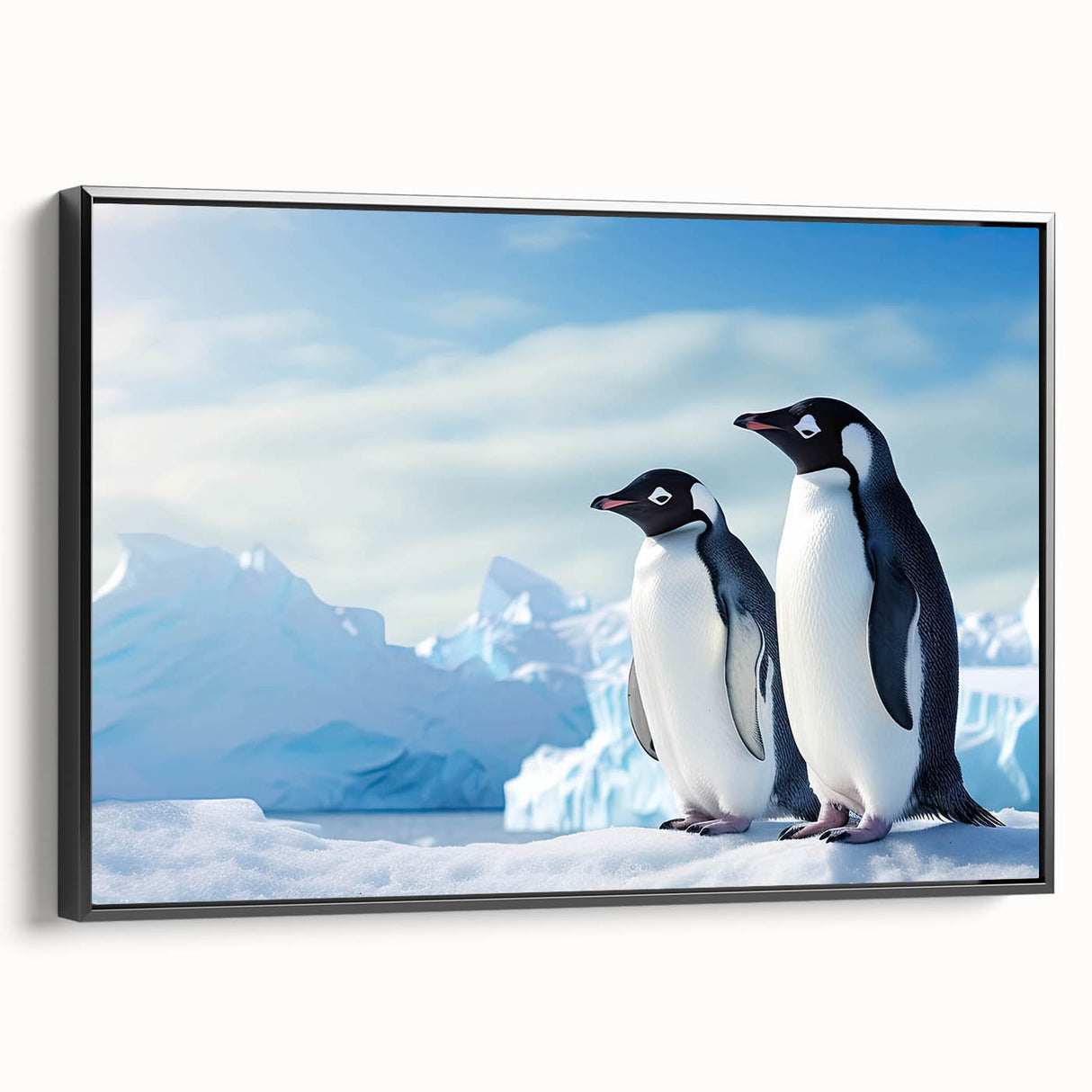 Framed wall art showcasing a stylish black penguin design on canvas, set against a white background, perfect for modern home decor. Ideal for animal lovers.