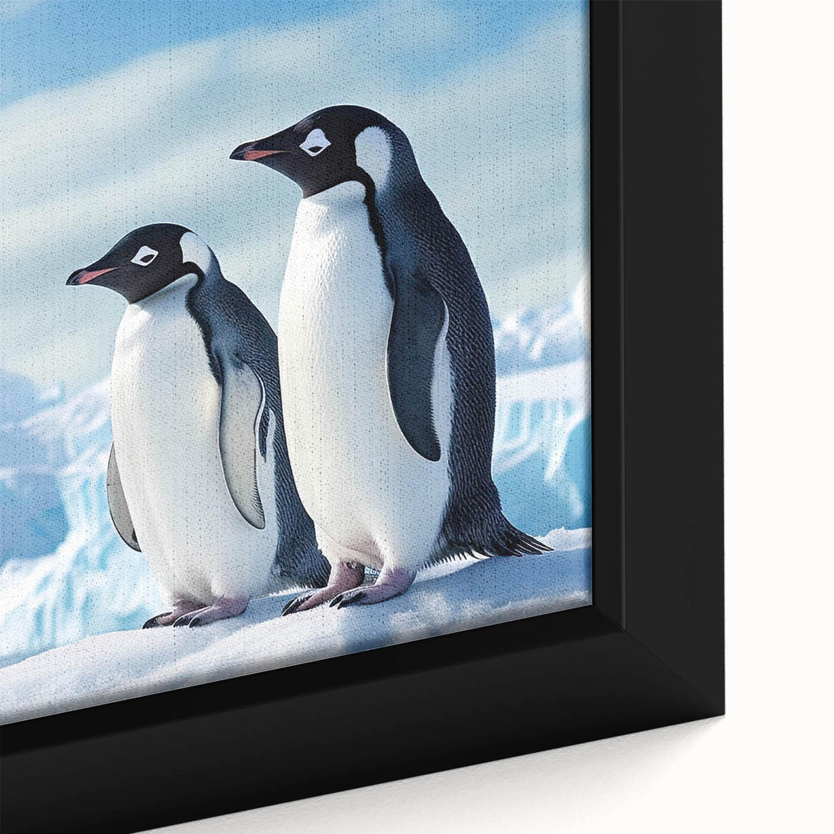Close-up of a framed canvas wall art featuring a vibrant penguin design, showcasing intricate details and textures, perfect for animal-themed decor.