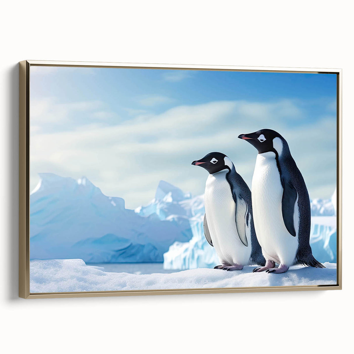 Framed canvas wall art featuring a side view of a stylish penguin design with gold accents, perfect for enhancing modern decor in living spaces or children's rooms.