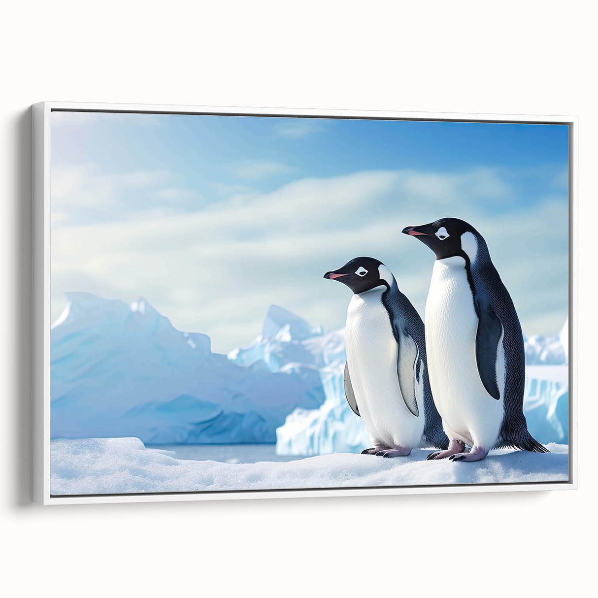 Framed canvas wall art featuring a whimsical penguin design on a white background, showcasing vibrant colors and playful details, perfect for animal lovers' decor.