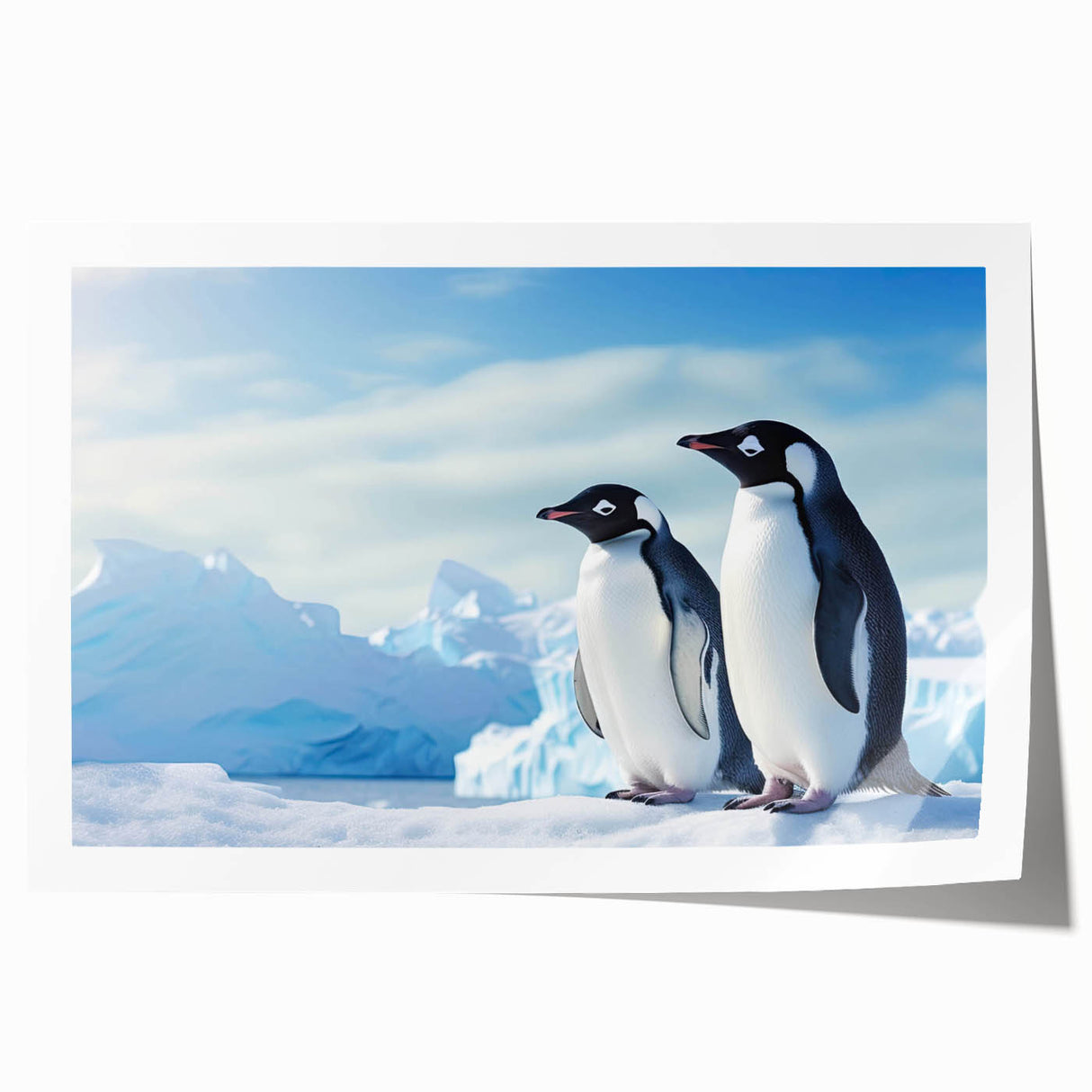 Colorful penguin-themed wall art print showcasing vibrant illustrations of penguins in a snowy landscape, perfect for adding a whimsical touch to any room.