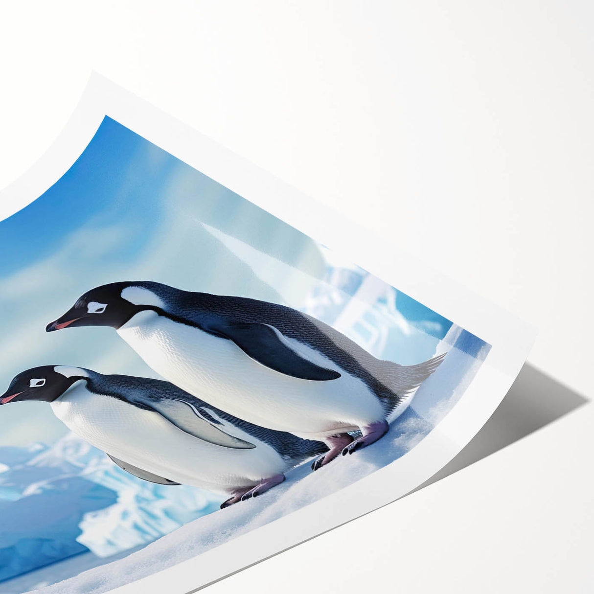 Whimsical penguin wall art print showcasing vibrant colors and playful design, perfect for children's room decor, rolled and ready for framing.