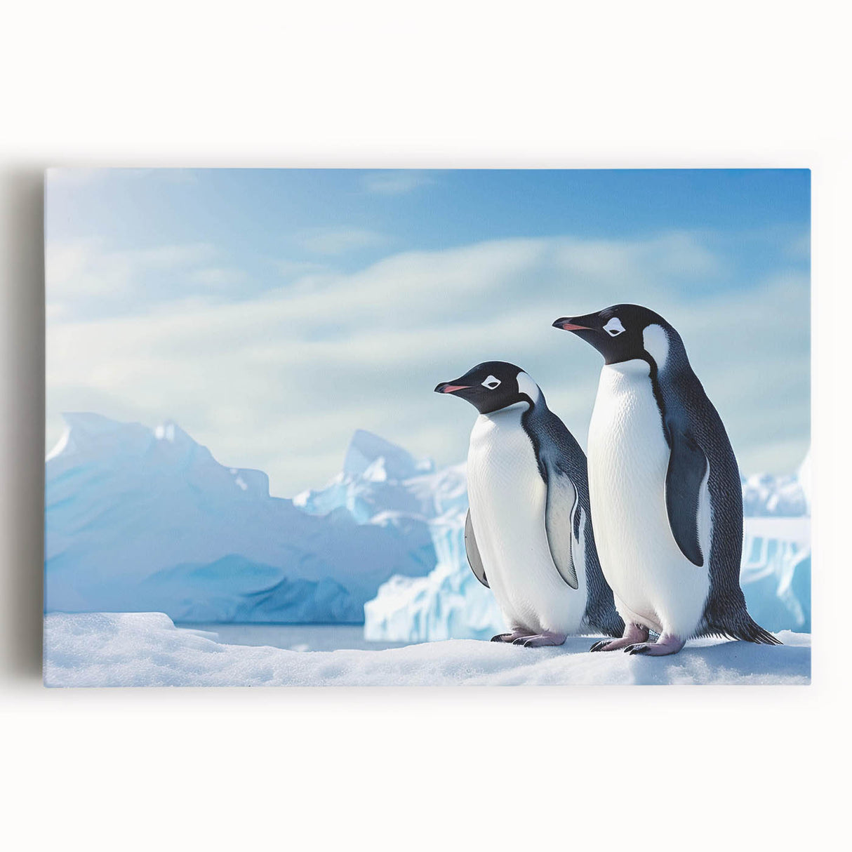 Stretched canvas wall art featuring a whimsical penguin design, showcasing vibrant colors and playful details, perfect for animal lovers and modern decor.