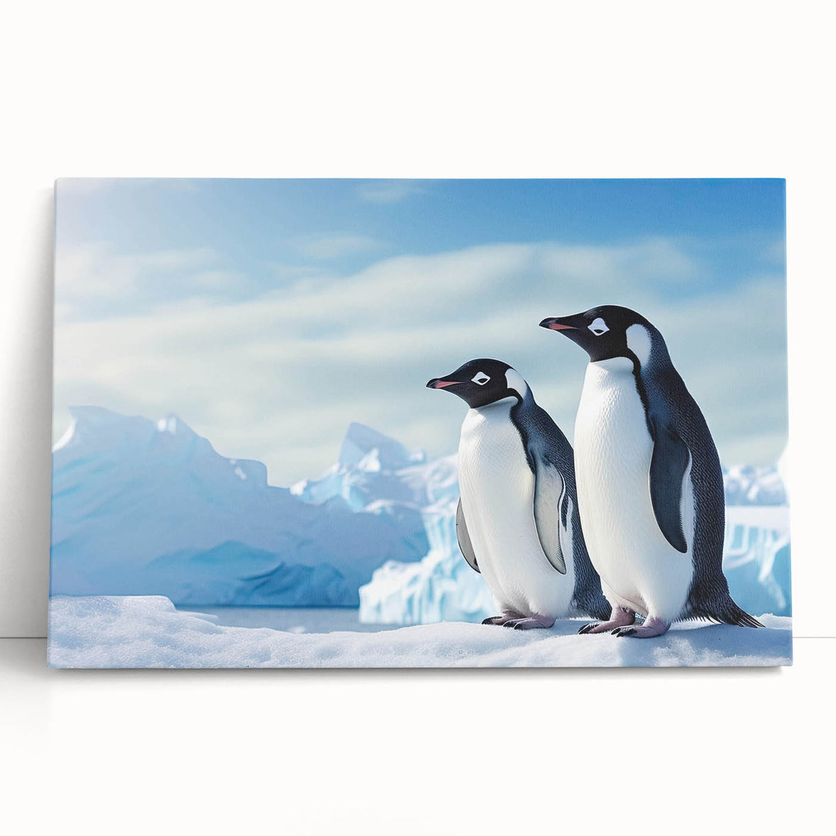 Stretched canvas wall art featuring a charming penguin design, showcasing vibrant colors and a playful aesthetic, perfect for animal lovers and home decor enthusiasts. Ideal for adding a whimsical touch to any space.