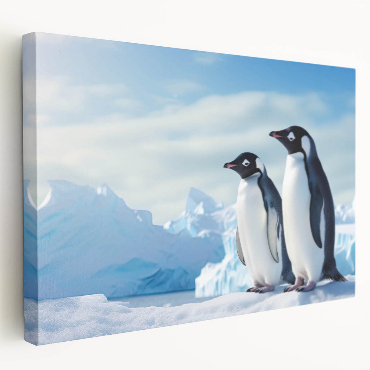 Stretched canvas wall art showcasing a side view of a whimsical penguin design, perfect for animal lovers, featuring vibrant colors and playful details. Ideal for home decor or children's rooms.
