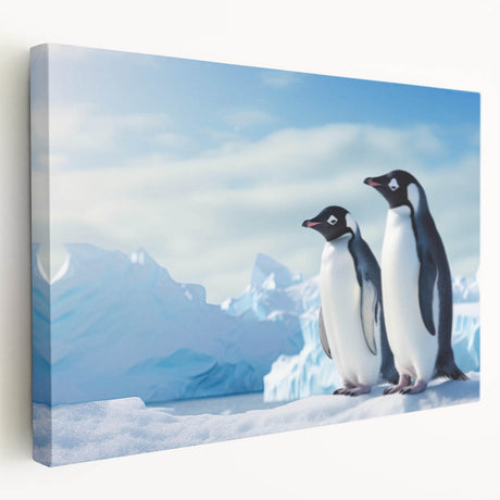 Stretched canvas wall art showcasing a side view of a whimsical penguin design, perfect for animal lovers, featuring vibrant colors and playful details. Ideal for home decor or children's rooms.