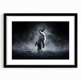 Framed wall art featuring a black mat and a captivating penguin design, showcasing vibrant colors and intricate details, perfect for animal lovers and home decor.