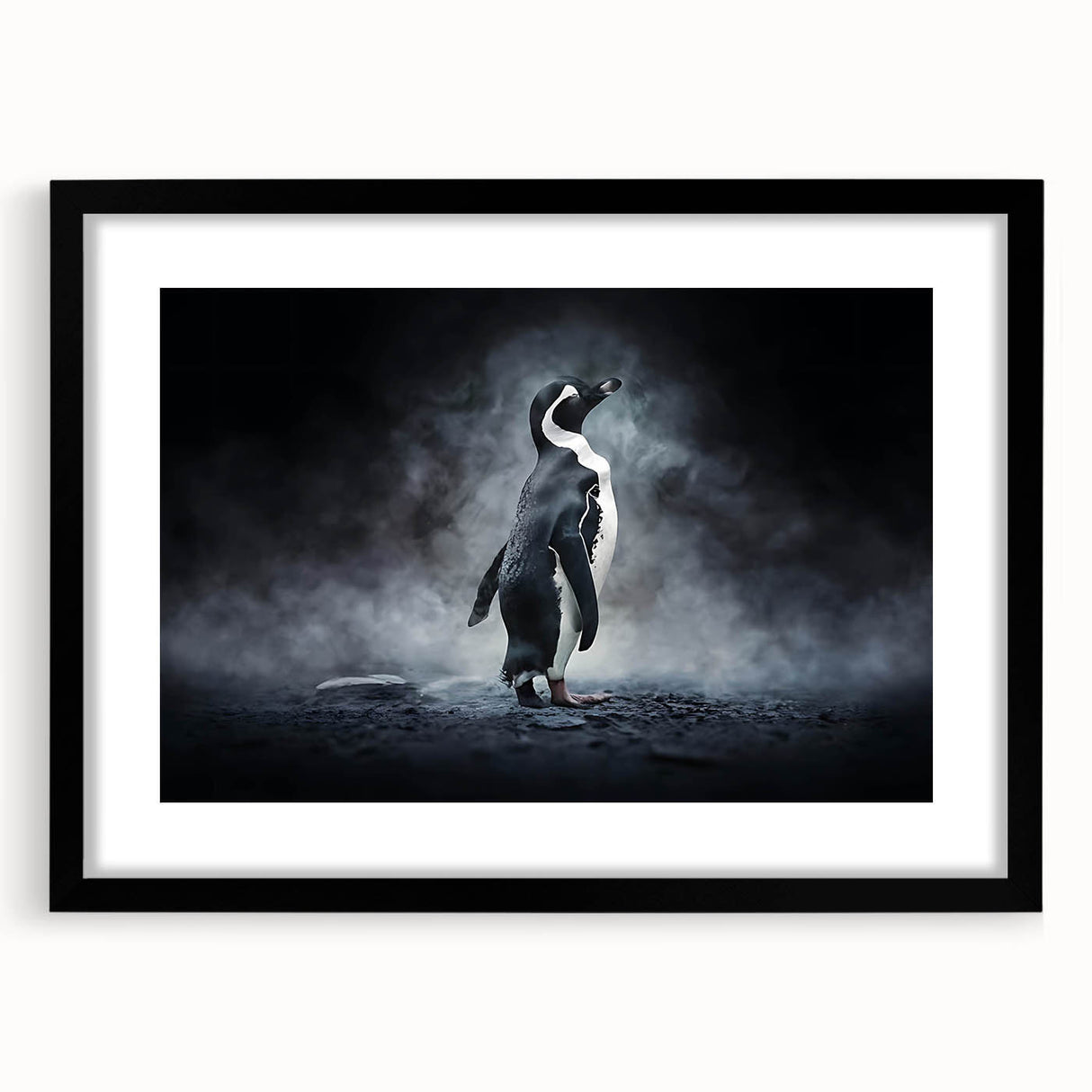 Framed wall art featuring a black mat and a captivating penguin design, showcasing vibrant colors and intricate details, perfect for animal lovers and home decor.